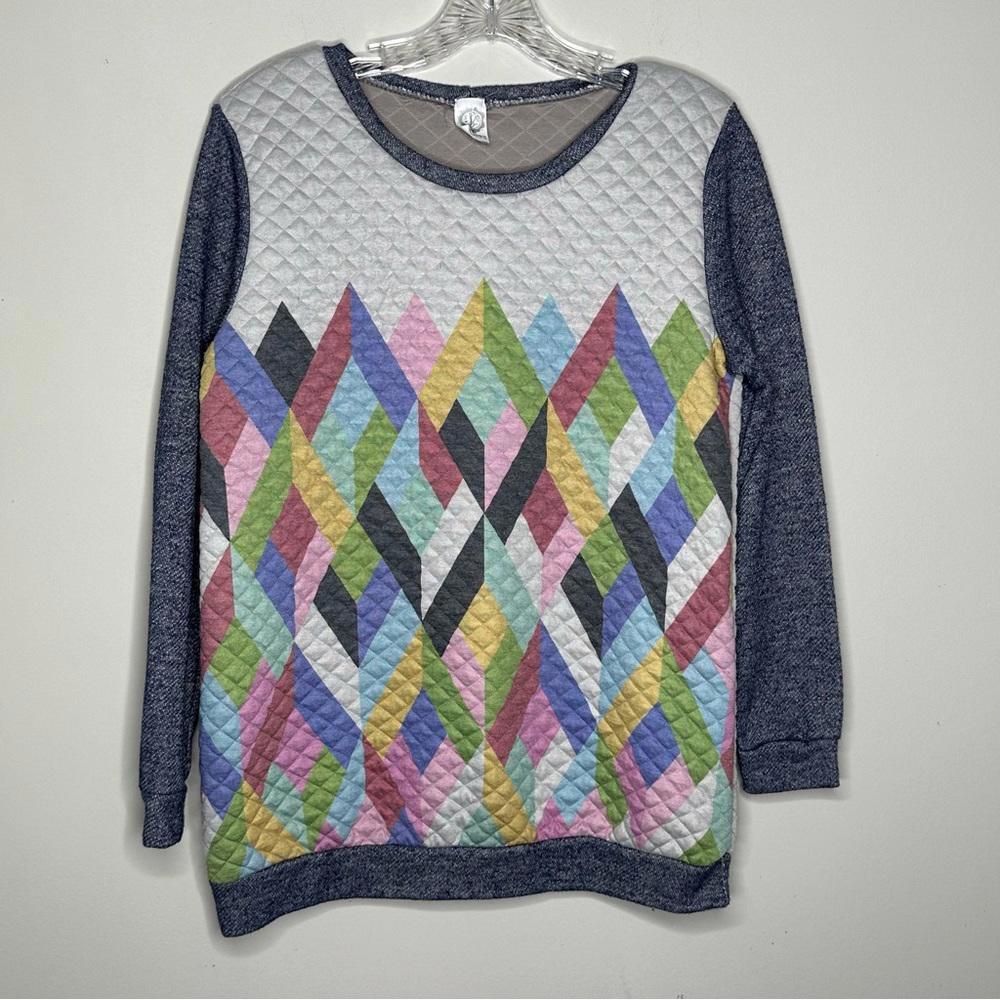Sun & Moon Colorful Diamond Pattern Quilted Sweater Small